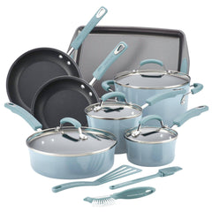 Rachael Ray Gradient Sky Blue Hard Enamel Nonstick Cookware Set, 14 PC