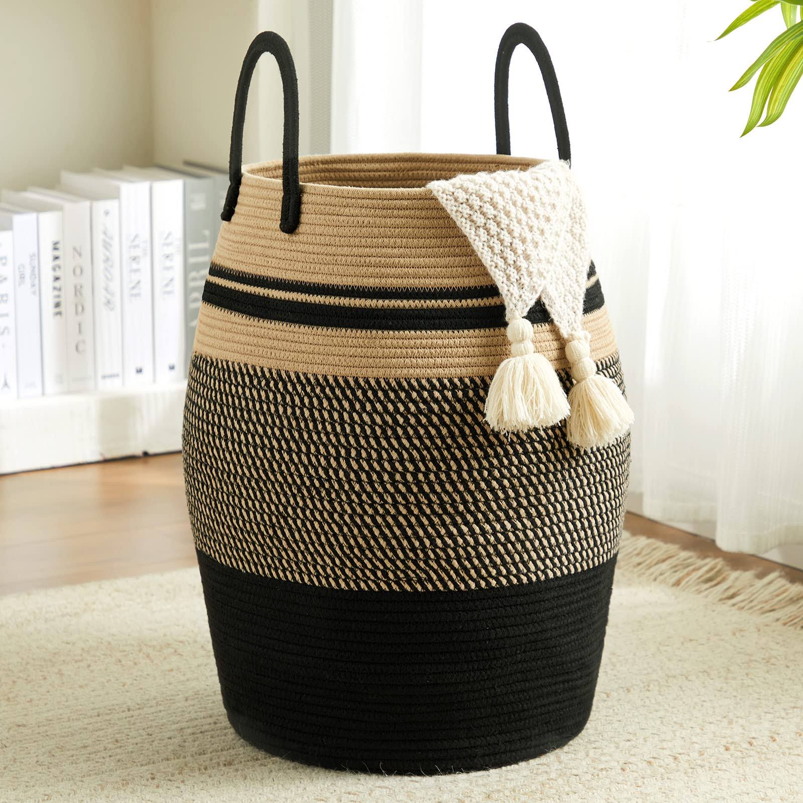 65L Cotton Rope Laundry Hamper by Fiona's Magic, Large Woven Tall Laundry Basket for Storage Clothes and Toy in Bedroom, Living Room Organizing,
