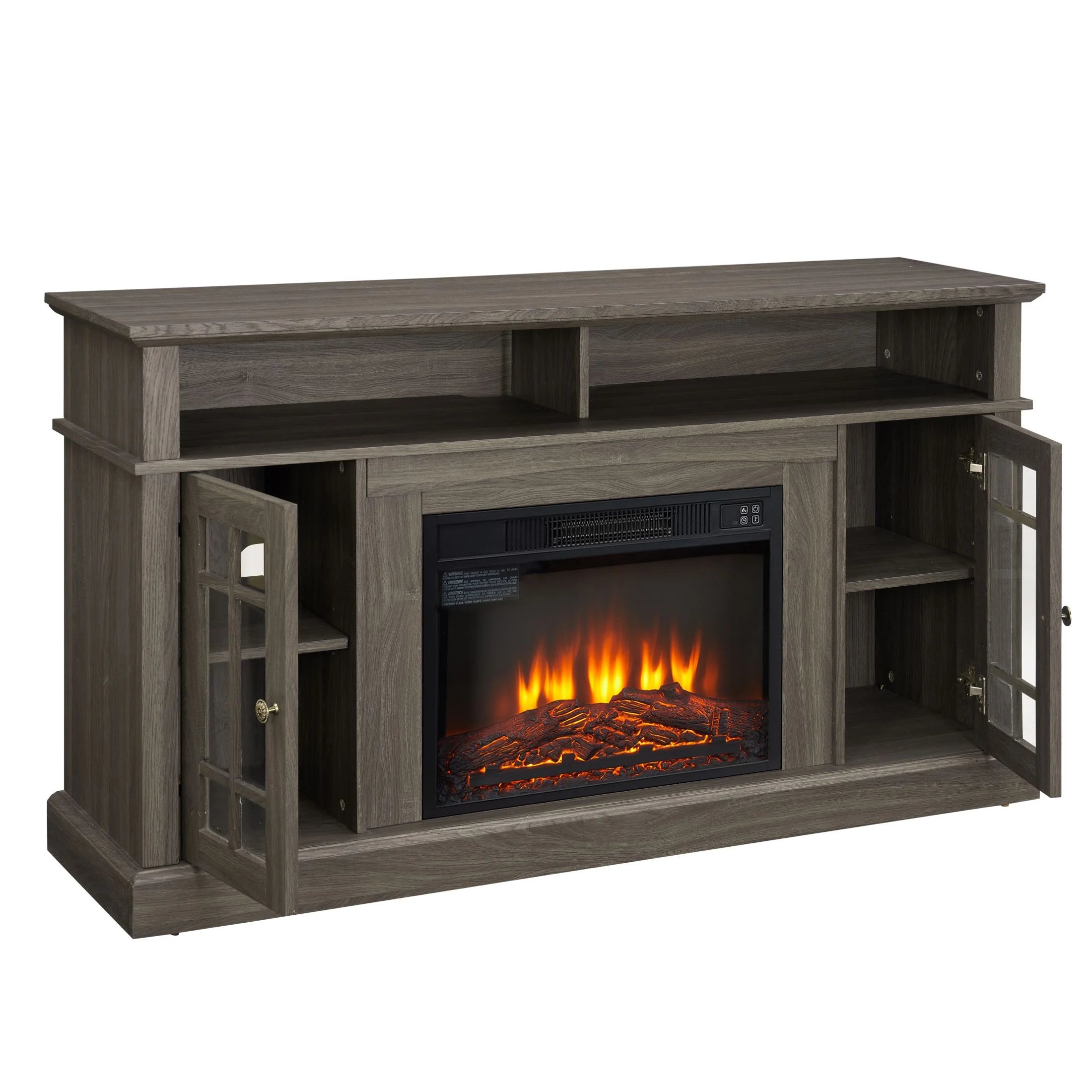 Sesslife Electric Fireplace TV Stand with Remote Control for 65 in TV, Farmhouse TV Console Table with Open Storage Shelves & 2 Cabinets, Wooden Media Entertainment Center for Living Room, Gray