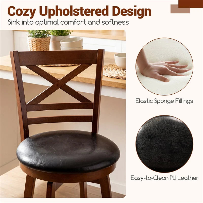 Set of 2 Swivel Counter Height Bar Stools, 25" Rubber Wood Barstools with High Back, Footrest & Faux Leather Upholstered Seat for Kitchen Island