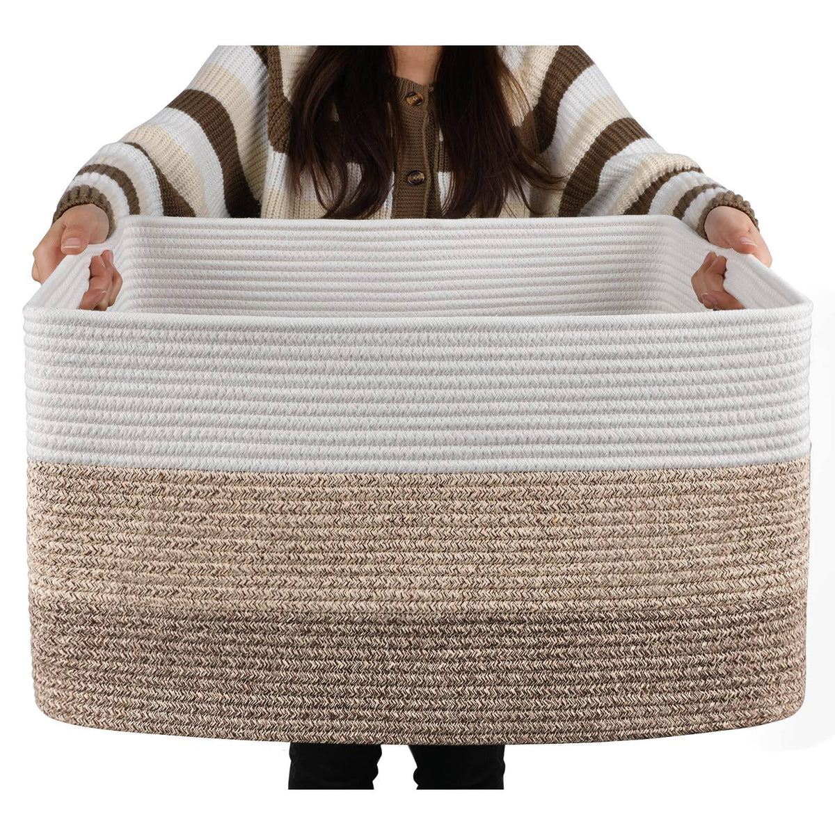 OIAHOMY Large Rectangle Blanket Basket, Woven Nursery Cotton Rope Baskets for Storage, Living Room, Toy Organizing with Handle-2