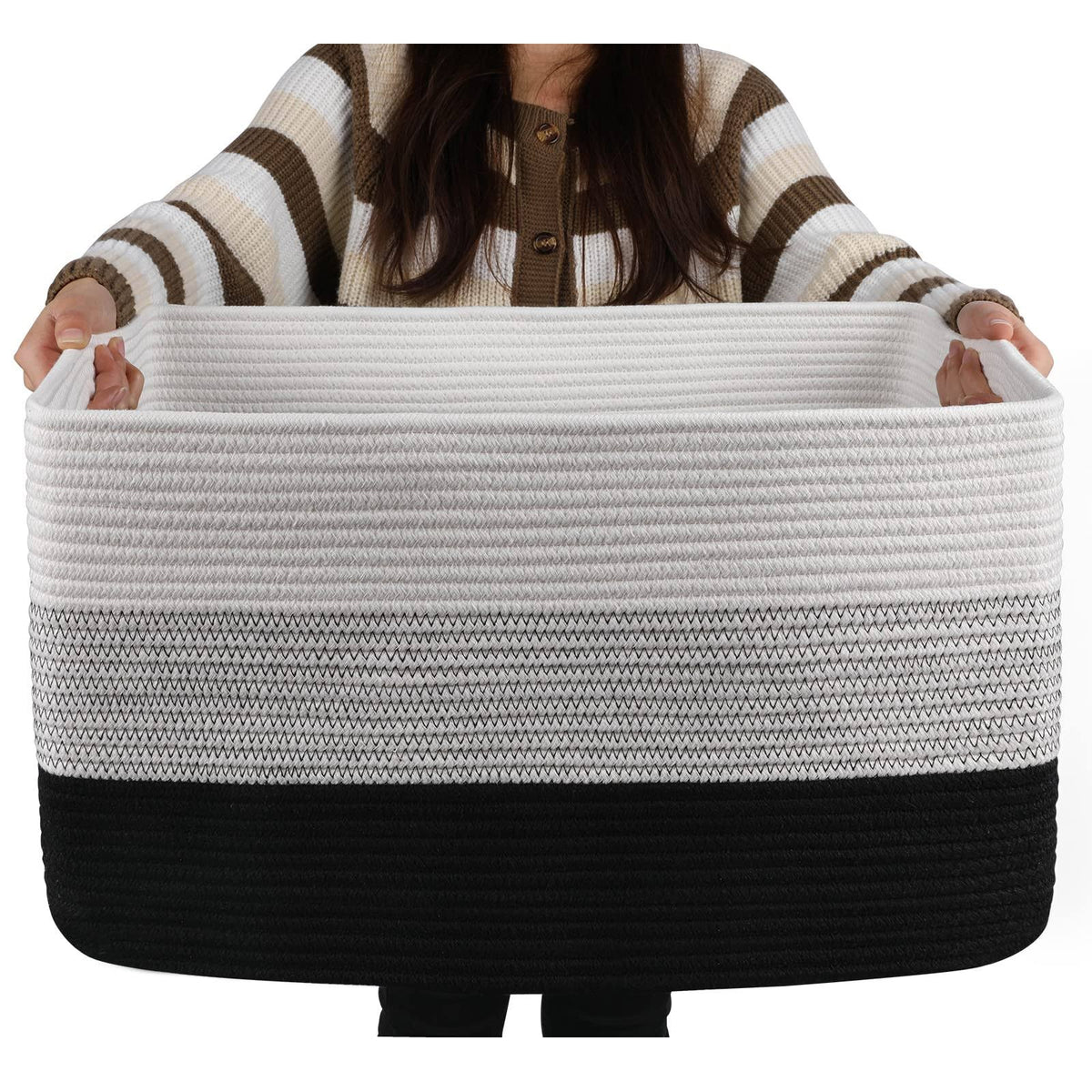 OIAHOMY Large Cotton Rope Basket, Rectangle Woven Baskets for Storage, Nursery Blanket Basket Living Room, Toy Basket with Handl