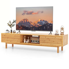 63" Bamboo TV Stand for Up to 70" TVs, Mid Century Modern Entertainment Center Media Console with Sliding Doors & 3 Storage Cubbies for Living Room