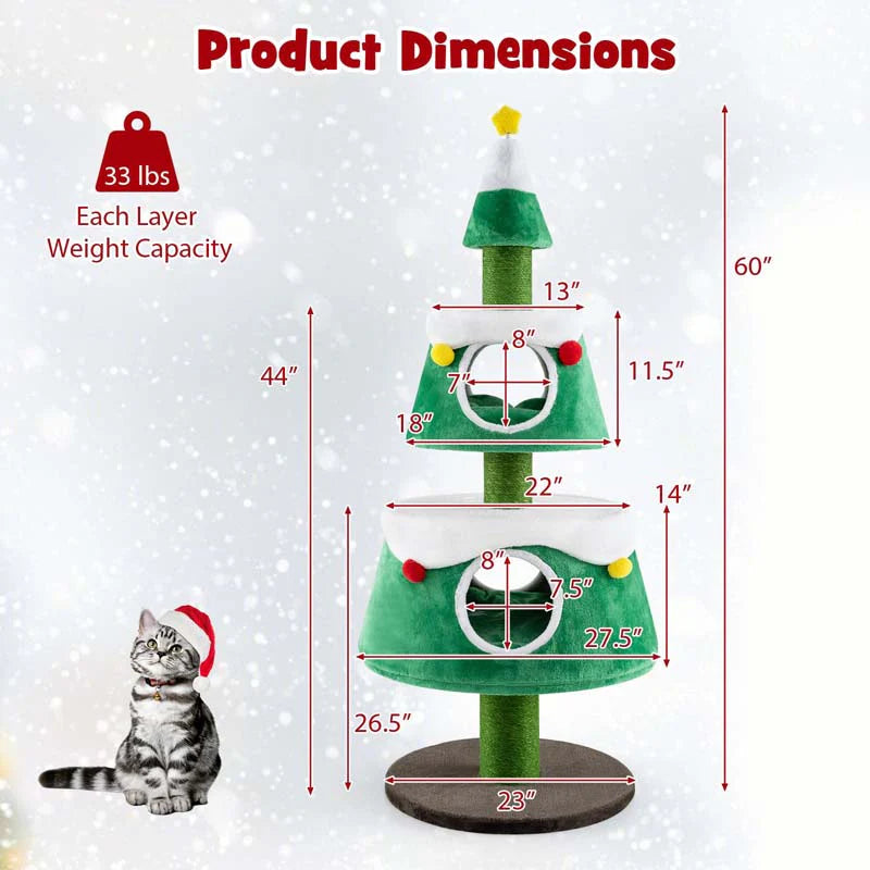 60" Christmas Cat Tree for Indoor Cats, Modern Holiday Cute Cat Tree Tower with 2 Condos, Sisal Scratching Posts, Spring Toy & Removable Beds