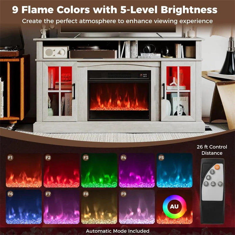 58" Electric Fireplace TV Stand for 65" TVs, Entertainment Center with 28" Fireplace Heater Insert, LED Lights, Remote Control & Storage