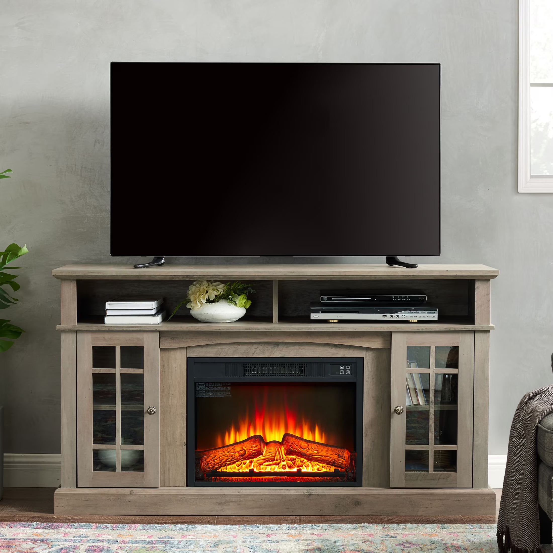 Sesslife Electric Fireplace TV Stand with Remote Control for 65 in TV, Farmhouse TV Console Table with Open Storage Shelves & 2 Cabinets, Wooden Media Entertainment Center for Living Room, Gray