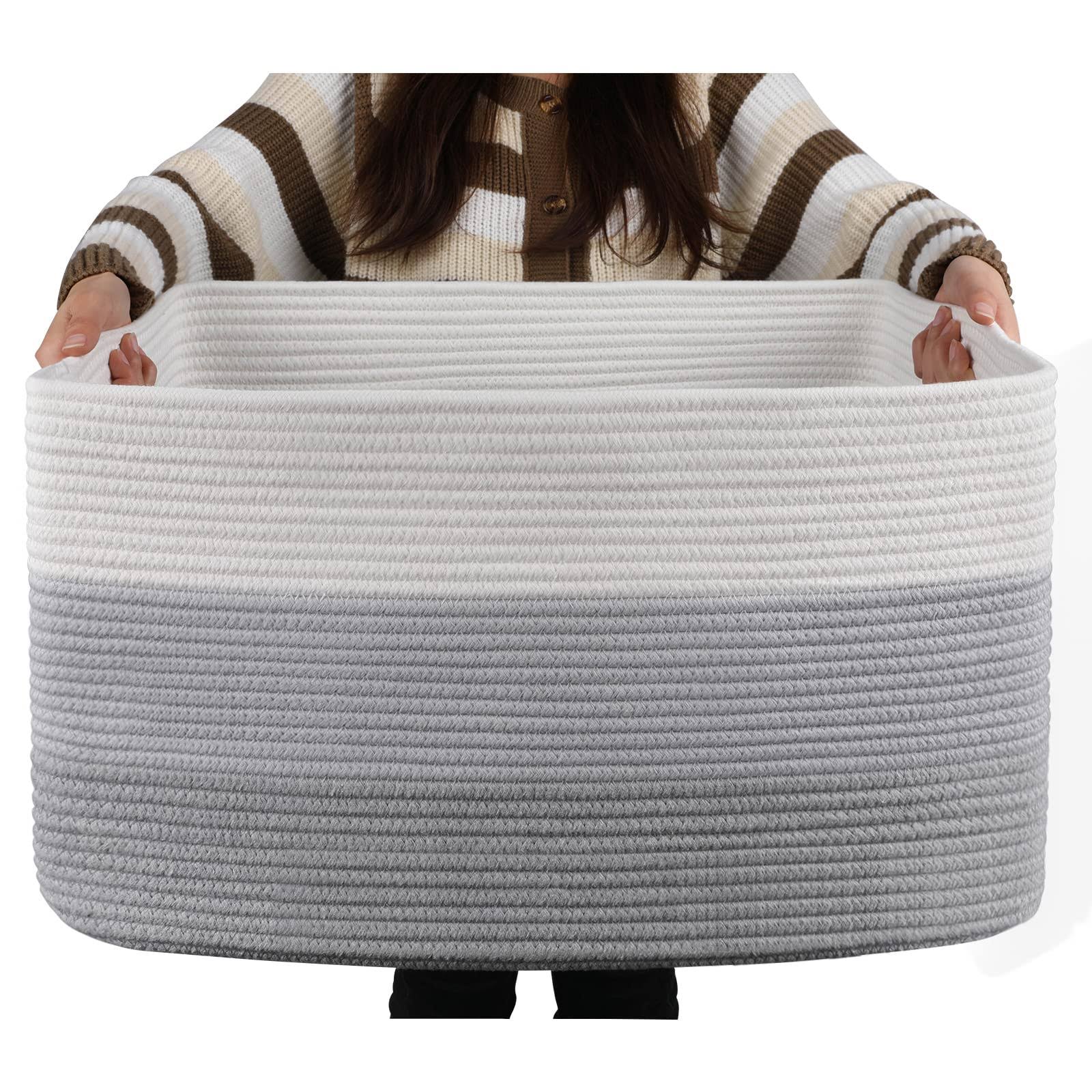 OIAHOMY Large Cotton Rope Basket, Rectangle Woven Baskets for Storage, Nursery Blanket Basket Living Room, Toy Basket with Handl