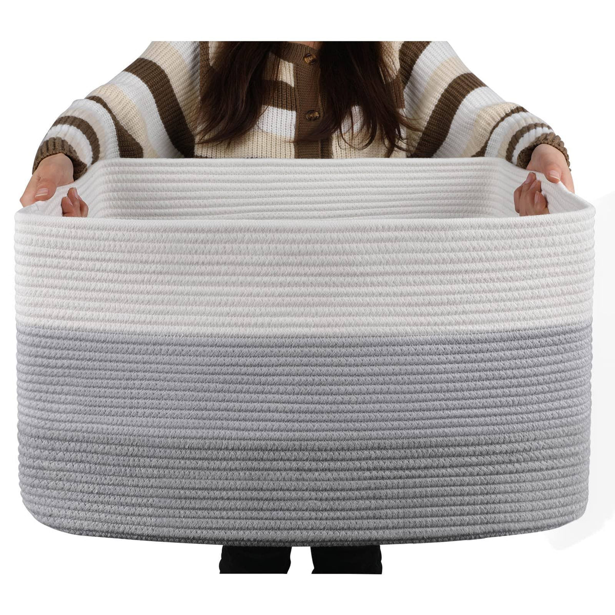 OIAHOMY Large Cotton Rope Basket, Rectangle Woven Baskets for Storage, Nursery Blanket Basket Living Room, Toy Basket with Handl