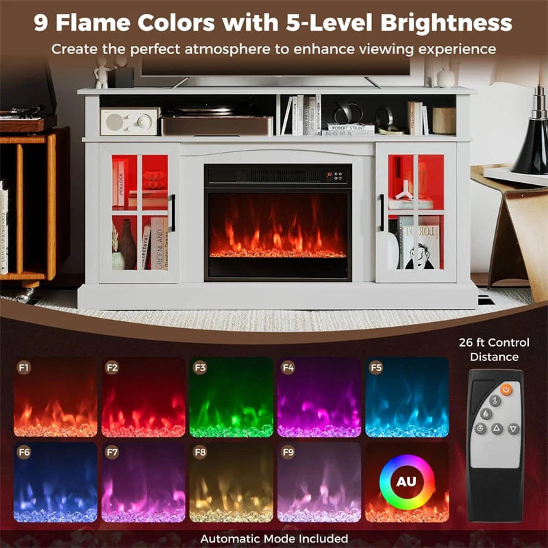 58" Electric Fireplace TV Stand for 65" TVs, Entertainment Center with 28" Fireplace Heater Insert, LED Lights, Remote Control & Storage
